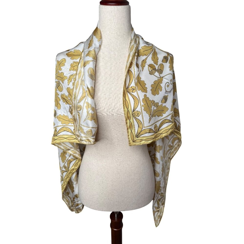Halcyon Days England 100% Silk Scarf  Gold Oak Leaf Acorn Quiet luxury boho read